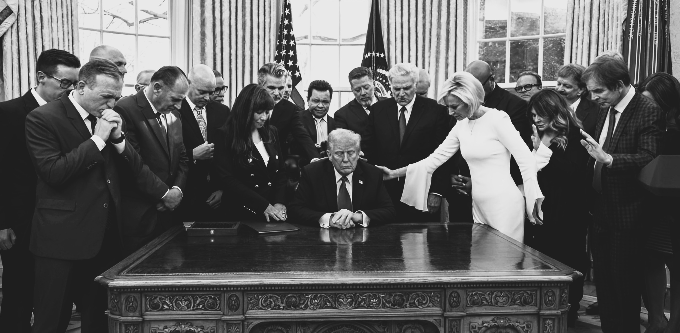 Trump surrounded by evangelical clergy praying in the Oval Office